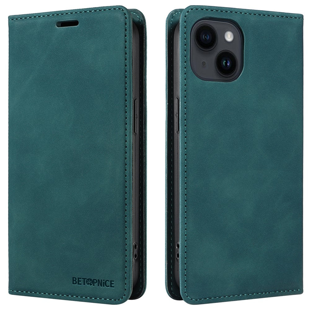 BETOPNICE 003 For iPhone 15 Fully Wrapped PU Leather Cover RFID Blocking Stand Wallet Phone Case