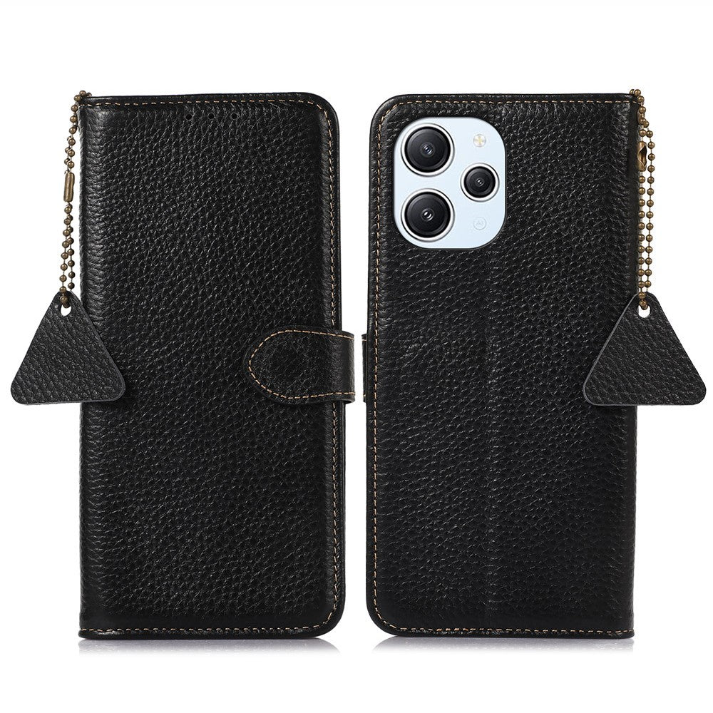 For Xiaomi Redmi 12 4G RFID Blocking Wallet Case Litchi Texture Genuine Cow Leather Stand Cover