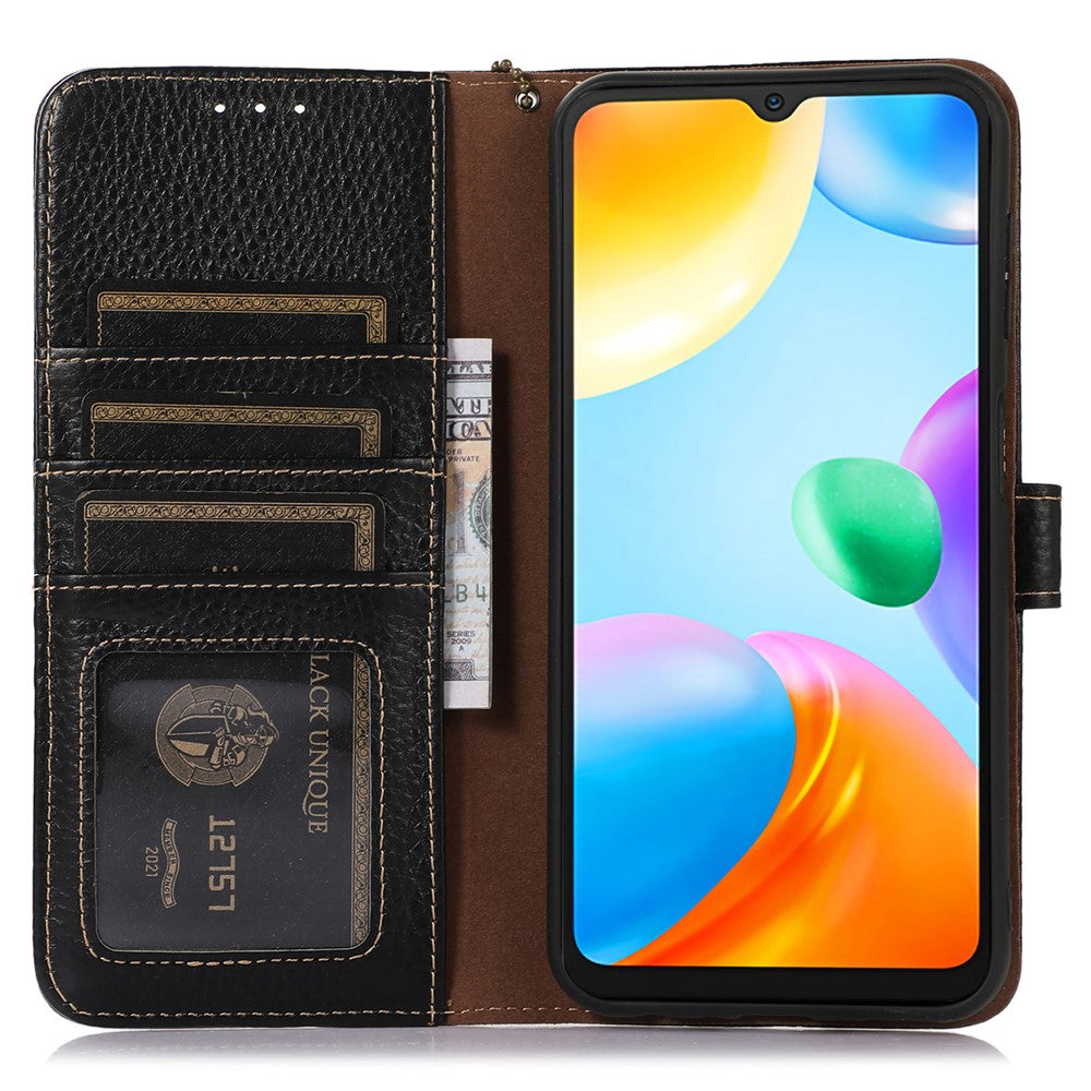 For Xiaomi Redmi 12 4G RFID Blocking Wallet Case Litchi Texture Genuine Cow Leather Stand Cover