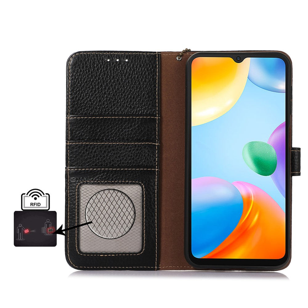 For Xiaomi Redmi 12 4G RFID Blocking Wallet Case Litchi Texture Genuine Cow Leather Stand Cover