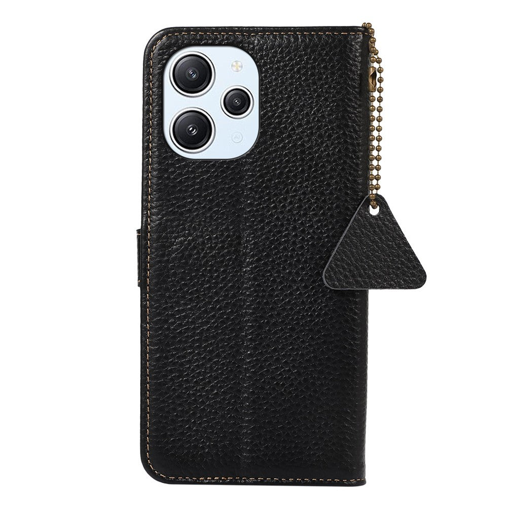 For Xiaomi Redmi 12 4G RFID Blocking Wallet Case Litchi Texture Genuine Cow Leather Stand Cover
