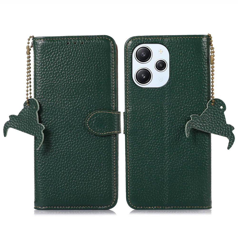 For Xiaomi Redmi 12 4G RFID Blocking Wallet Case Litchi Texture Genuine Cow Leather Stand Cover