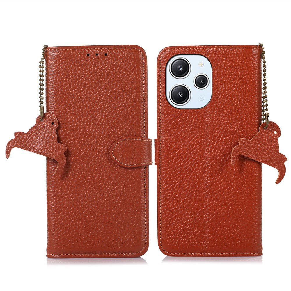 For Xiaomi Redmi 12 4G RFID Blocking Wallet Case Litchi Texture Genuine Cow Leather Stand Cover