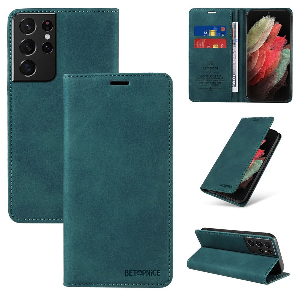 BETOPNICE 003 For Samsung Galaxy S21 Ultra 5G Leather Stand Phone Case RFID Blocking Wallet Cover