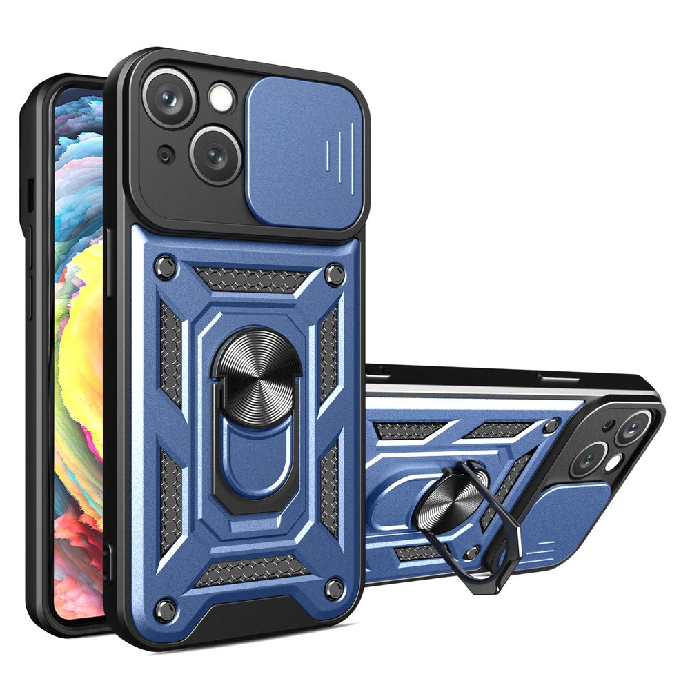 For iPhone 15 Slide Camera Lens Cover Shockproof Mobile Phone Case PC+TPU Kickstand Phone Shell