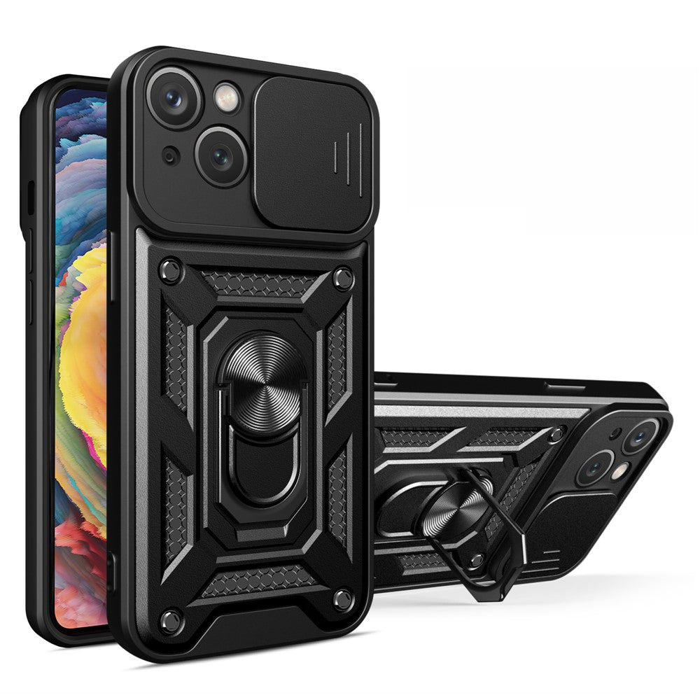 Til iPhone 15 Plus Anti-Fingeraftryk Telefoncover PC+TPU Kickstand Cover med Beskyttelse af Baglinse