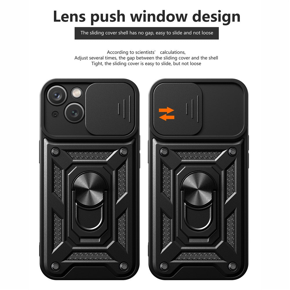 Til iPhone 15 Plus Anti-Fingeraftryk Telefoncover PC+TPU Kickstand Cover med Beskyttelse af Baglinse