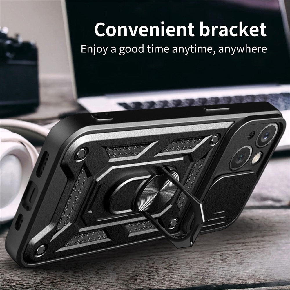 Til iPhone 15 Plus Anti-Fingeraftryk Telefoncover PC+TPU Kickstand Cover med Beskyttelse af Baglinse