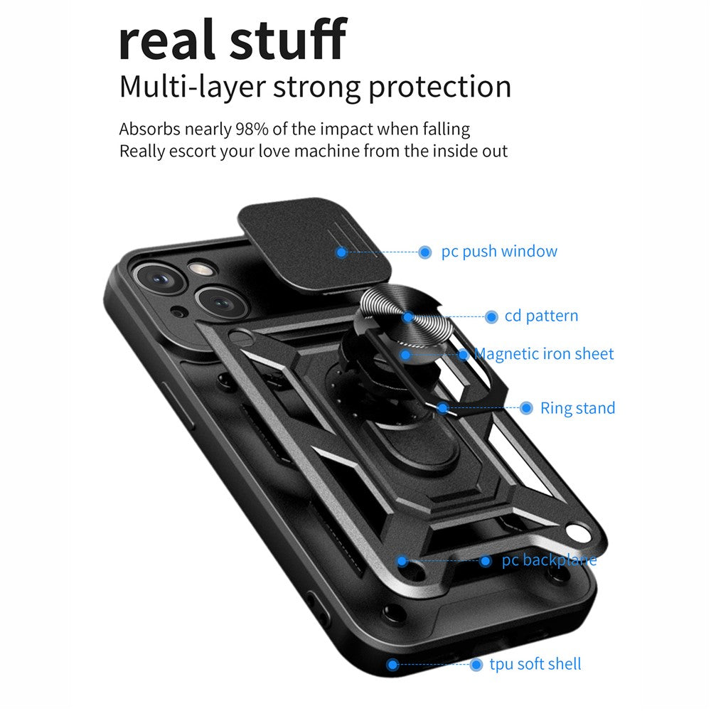 Til iPhone 15 Plus Anti-Fingeraftryk Telefoncover PC+TPU Kickstand Cover med Beskyttelse af Baglinse
