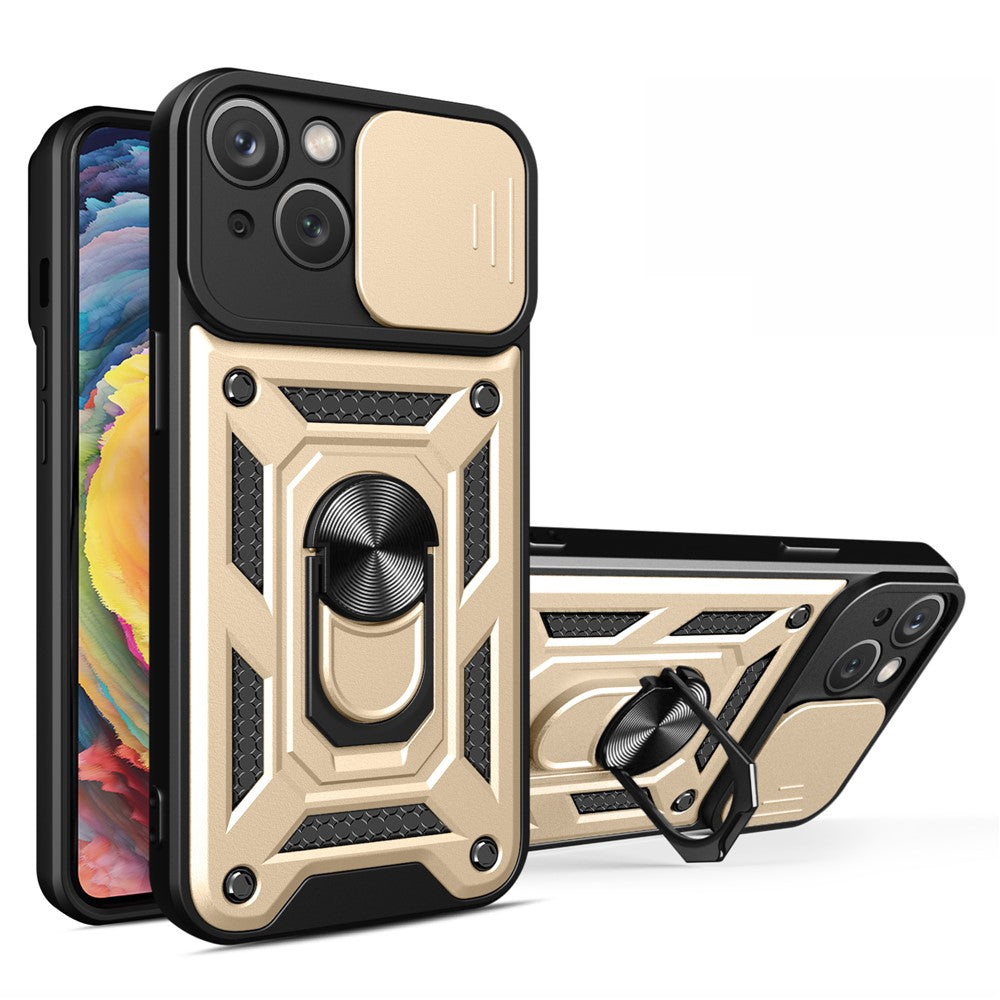 Til iPhone 15 Plus Anti-Fingeraftryk Telefoncover PC+TPU Kickstand Cover med Beskyttelse af Baglinse