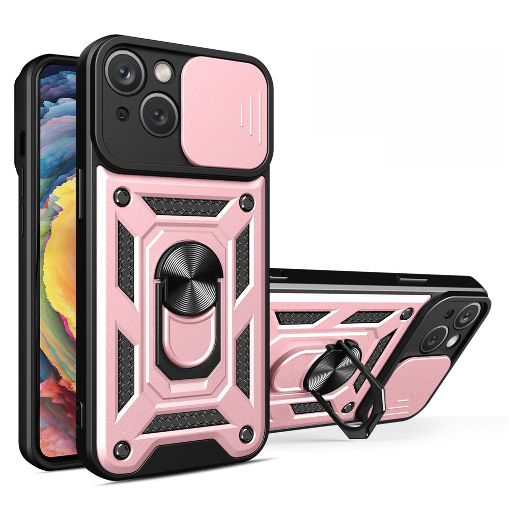 Til iPhone 15 Plus Anti-Fingeraftryk Telefoncover PC+TPU Kickstand Cover med Beskyttelse af Baglinse