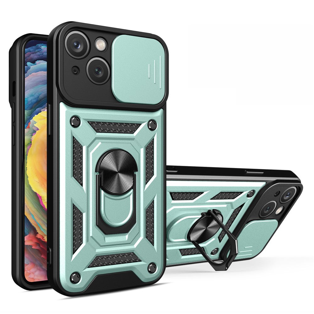Til iPhone 15 Plus Anti-Fingeraftryk Telefoncover PC+TPU Kickstand Cover med Beskyttelse af Baglinse
