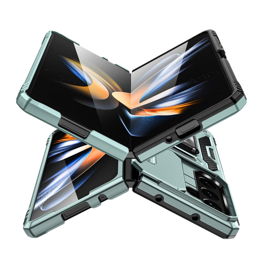 For Samsung Galaxy Z Fold5 5G Armor Series PC + TPU Phone Case Metal Kickstand Cover with Slide Camera Lid