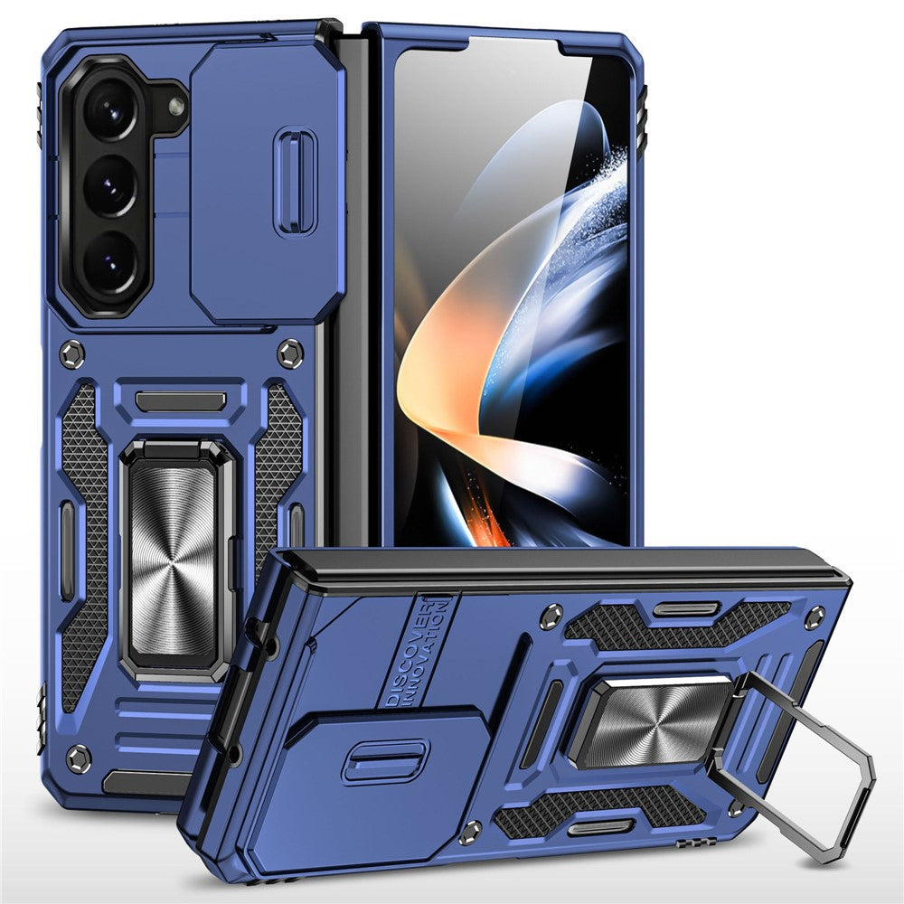 For Samsung Galaxy Z Fold5 5G Armor Series PC + TPU Phone Case Metal Kickstand Cover with Slide Camera Lid