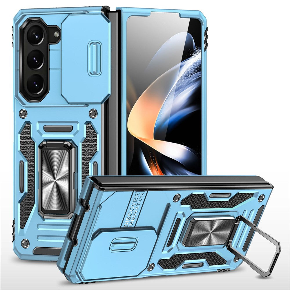 For Samsung Galaxy Z Fold5 5G Armor Series PC + TPU Phone Case Metal Kickstand Cover with Slide Camera Lid