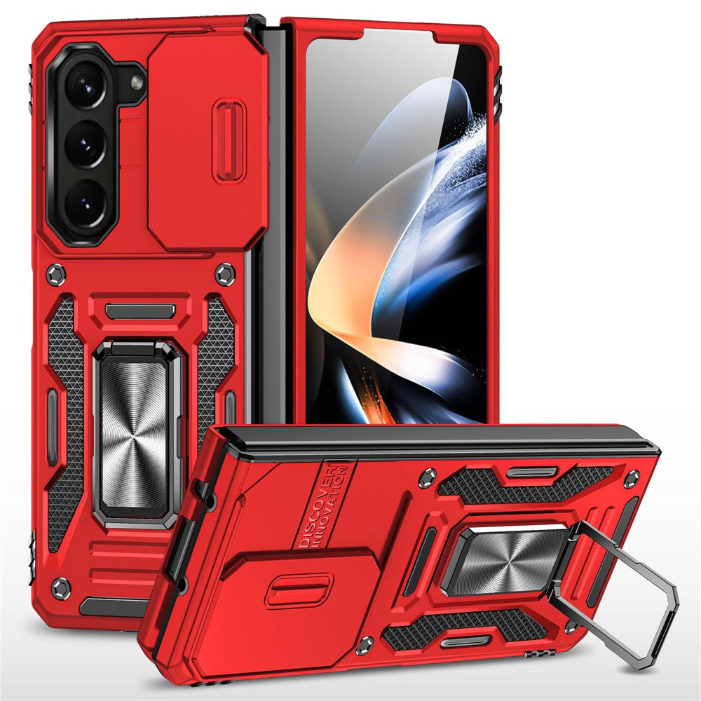 For Samsung Galaxy Z Fold5 5G Armor Series PC + TPU Phone Case Metal Kickstand Cover with Slide Camera Lid