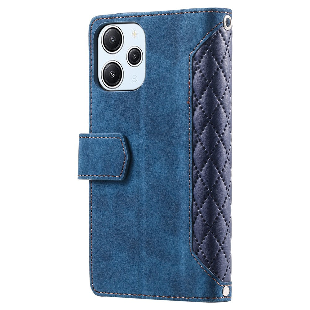 For Xiaomi Redmi 12 4G Phone Case PU Leather Shell Rhombus Pattern Imprinted Zipper Pocket Wallet Stand Cover