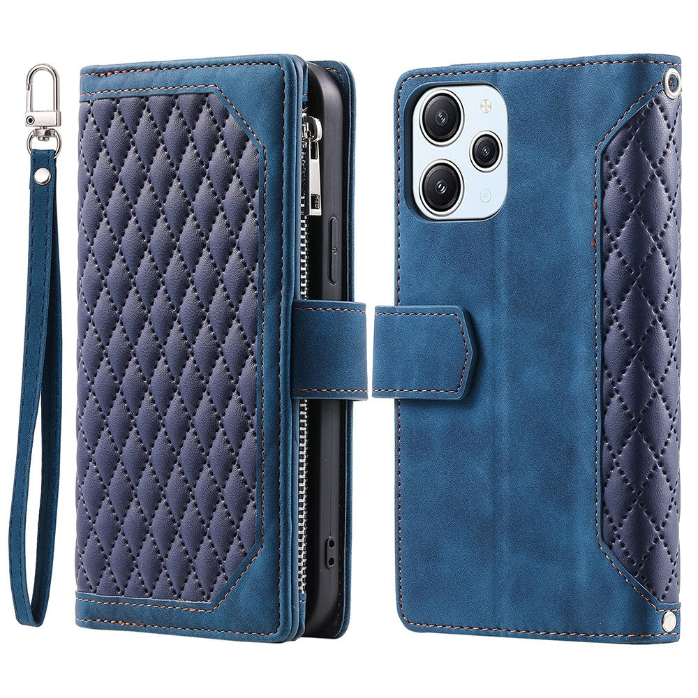 For Xiaomi Redmi 12 4G Phone Case PU Leather Shell Rhombus Pattern Imprinted Zipper Pocket Wallet Stand Cover