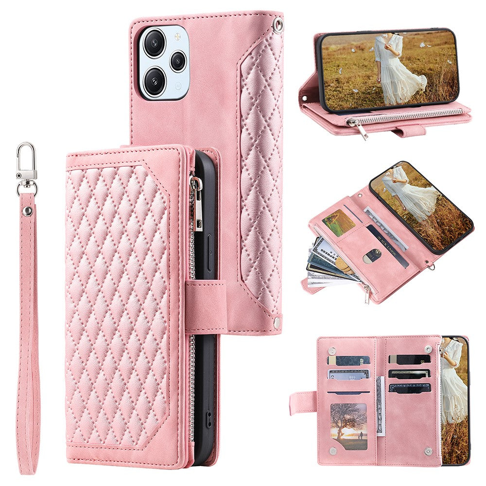 For Xiaomi Redmi 12 4G Phone Case PU Leather Shell Rhombus Pattern Imprinted Zipper Pocket Wallet Stand Cover