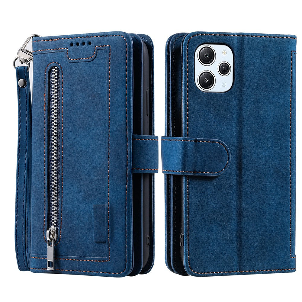 For Xiaomi Redmi 12 4G Zipper Pocket PU Leather Phone Case 9 Card Slots Drop-proof Cover