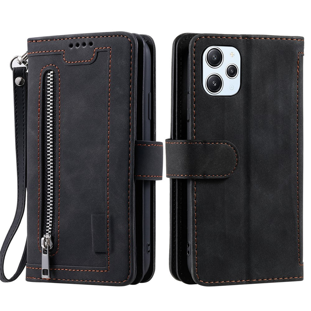 For Xiaomi Redmi 12 4G Zipper Pocket PU Leather Phone Case 9 Card Slots Drop-proof Cover