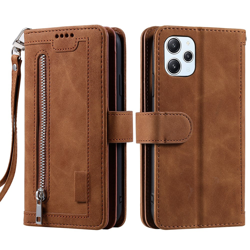 For Xiaomi Redmi 12 4G Zipper Pocket PU Leather Phone Case 9 Card Slots Drop-proof Cover