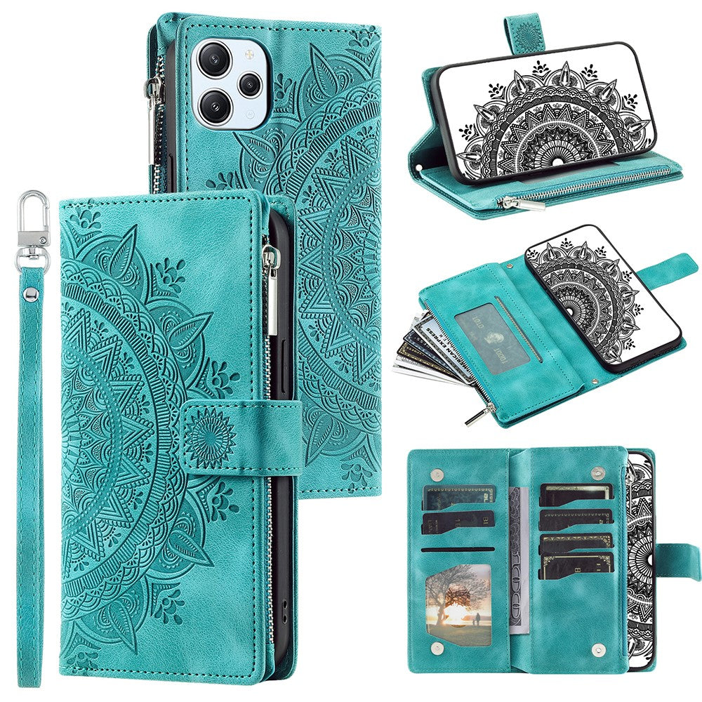 Xiaomi Redmi 12 4G PU-läder Mandala-blomma präglad stativfodral Korthållare Blixtlåsficka Plånboksfodral med rem