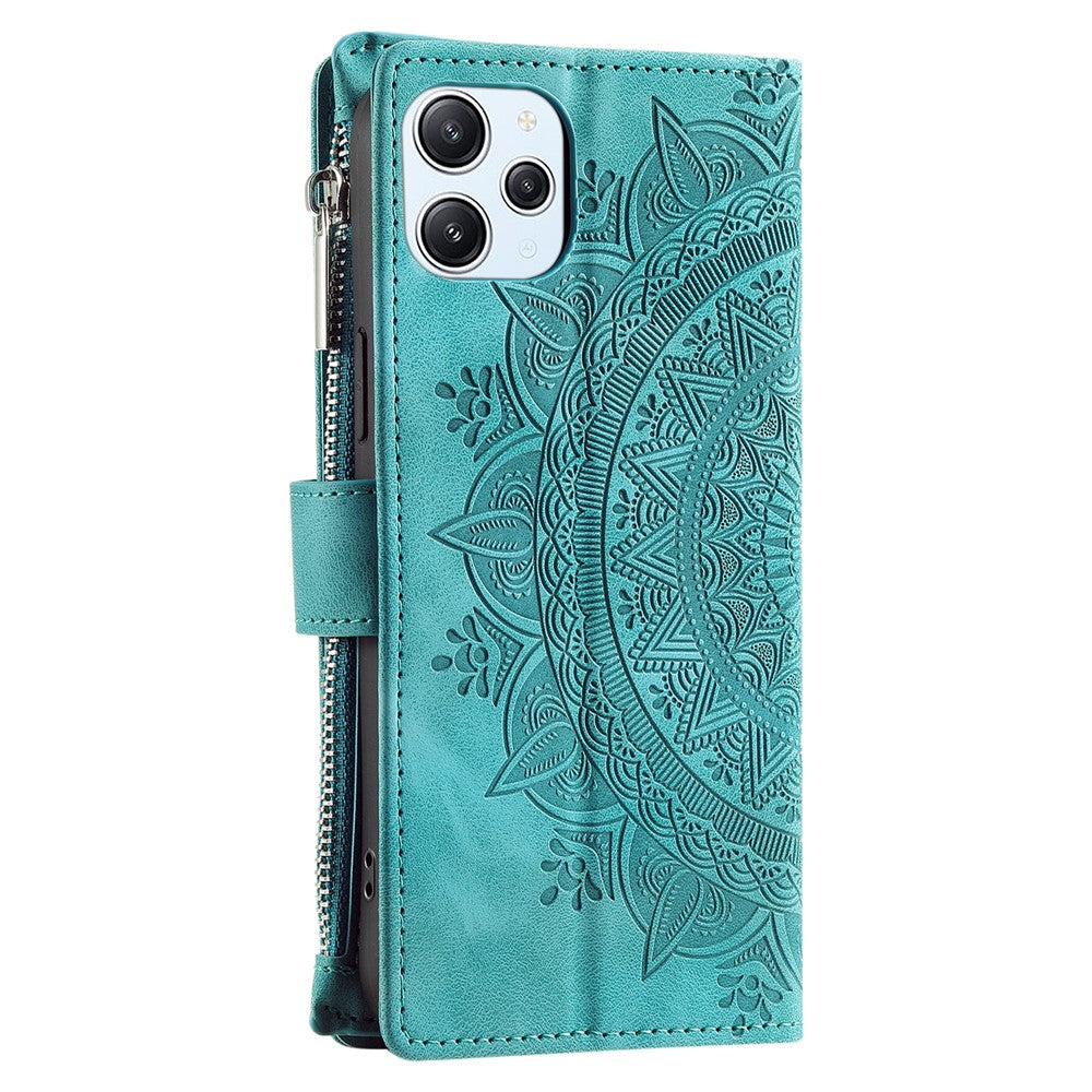 Xiaomi Redmi 12 4G PU-läder Mandala-blomma präglad stativfodral Korthållare Blixtlåsficka Plånboksfodral med rem