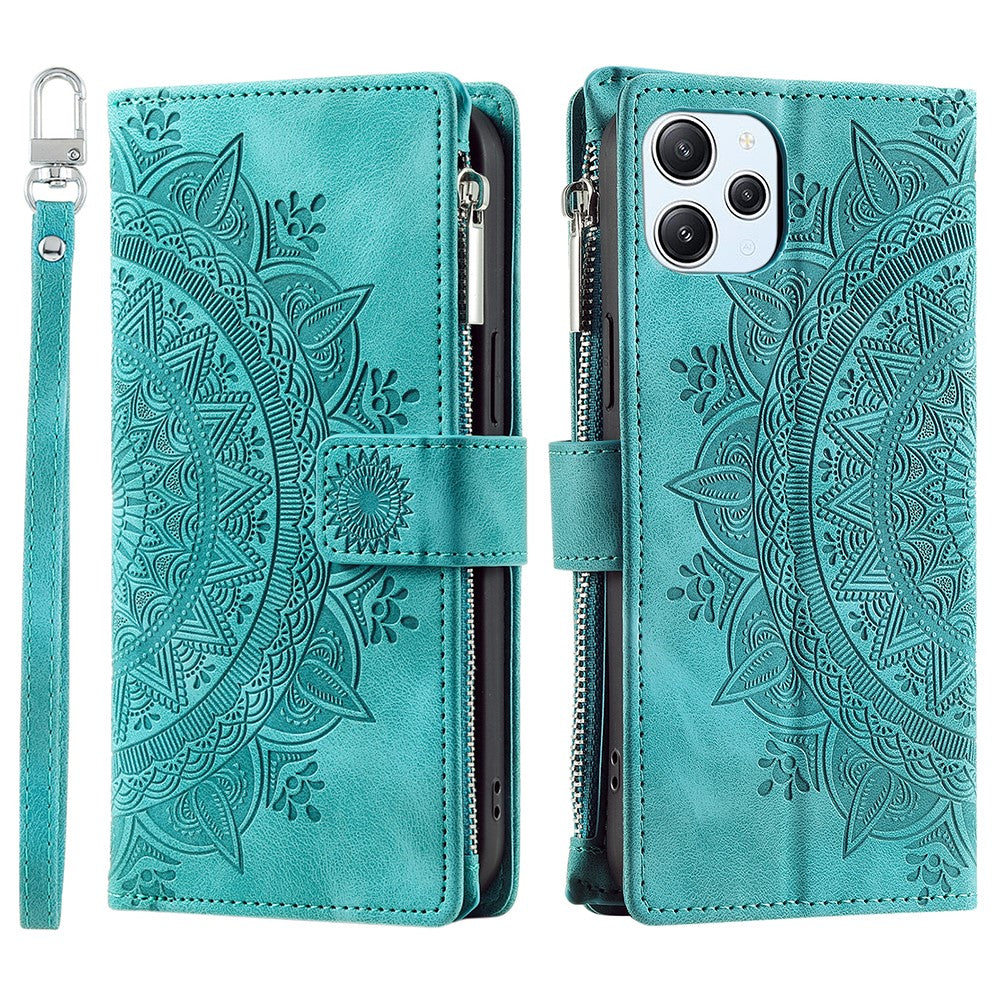 Xiaomi Redmi 12 4G PU-läder Mandala-blomma präglad stativfodral Korthållare Blixtlåsficka Plånboksfodral med rem