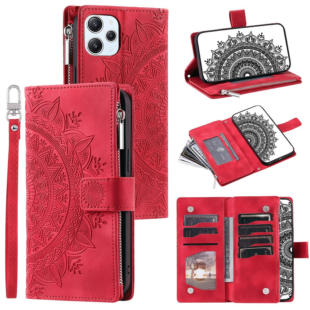 Xiaomi Redmi 12 4G PU-läder Mandala-blomma präglad stativfodral Korthållare Blixtlåsficka Plånboksfodral med rem