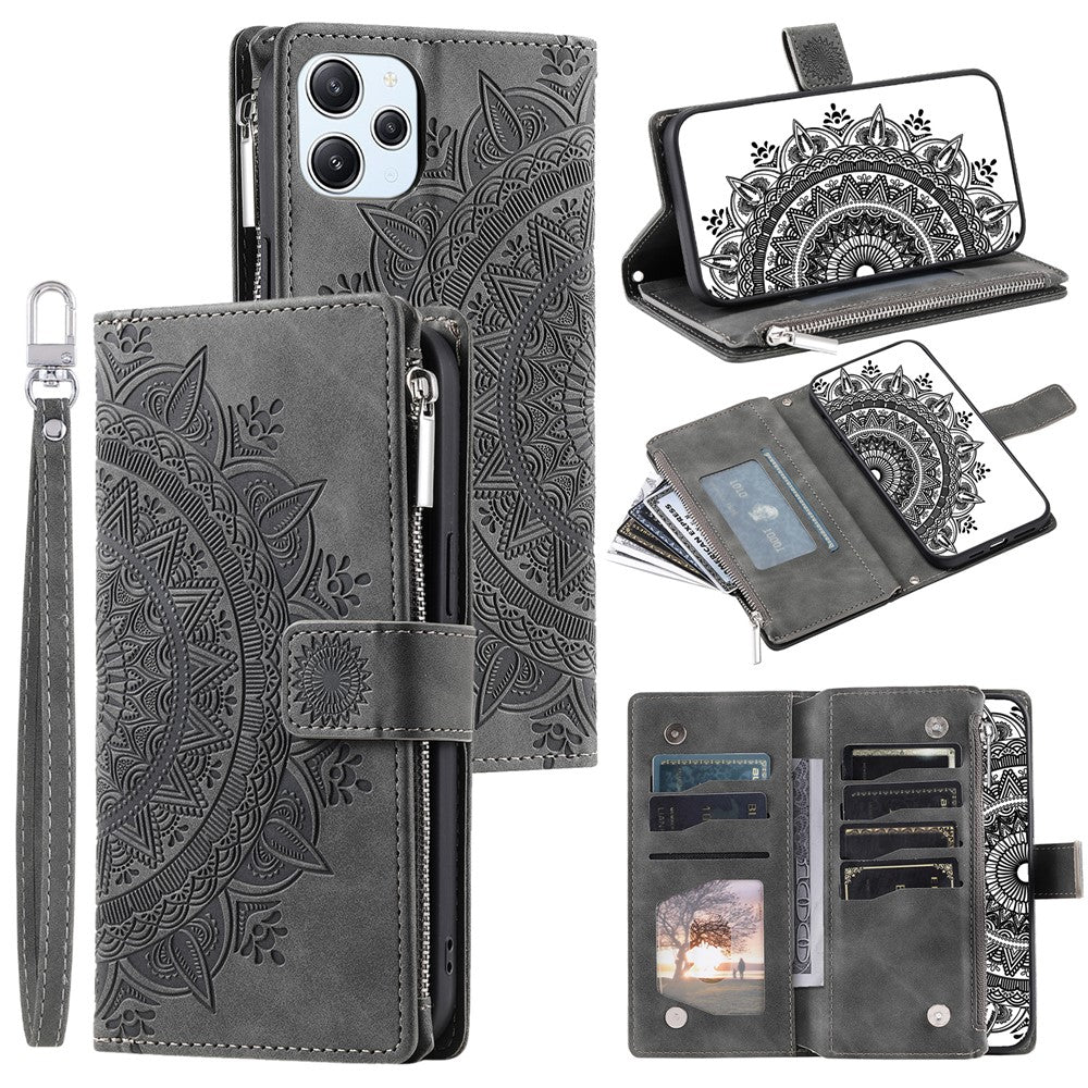Xiaomi Redmi 12 4G PU-läder Mandala-blomma präglad stativfodral Korthållare Blixtlåsficka Plånboksfodral med rem