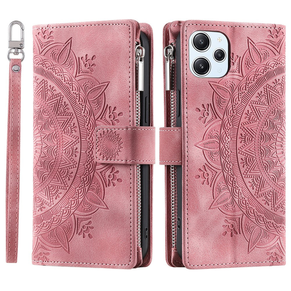 Xiaomi Redmi 12 4G PU-läder Mandala-blomma präglad stativfodral Korthållare Blixtlåsficka Plånboksfodral med rem
