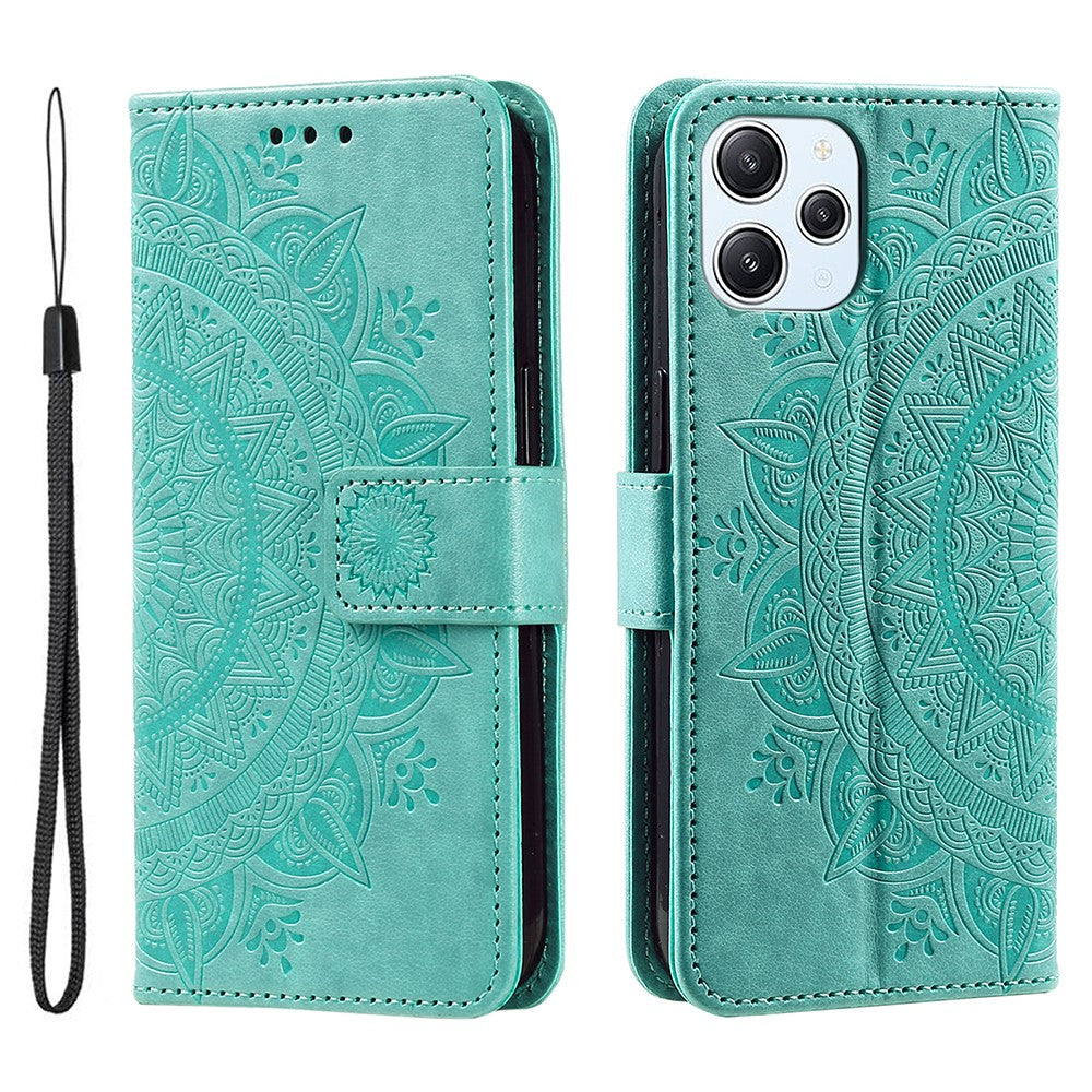 Stand Cover for Xiaomi Redmi 12 4G PU Leather Mandala Flower Imprint Wallet Phone Case with Strap