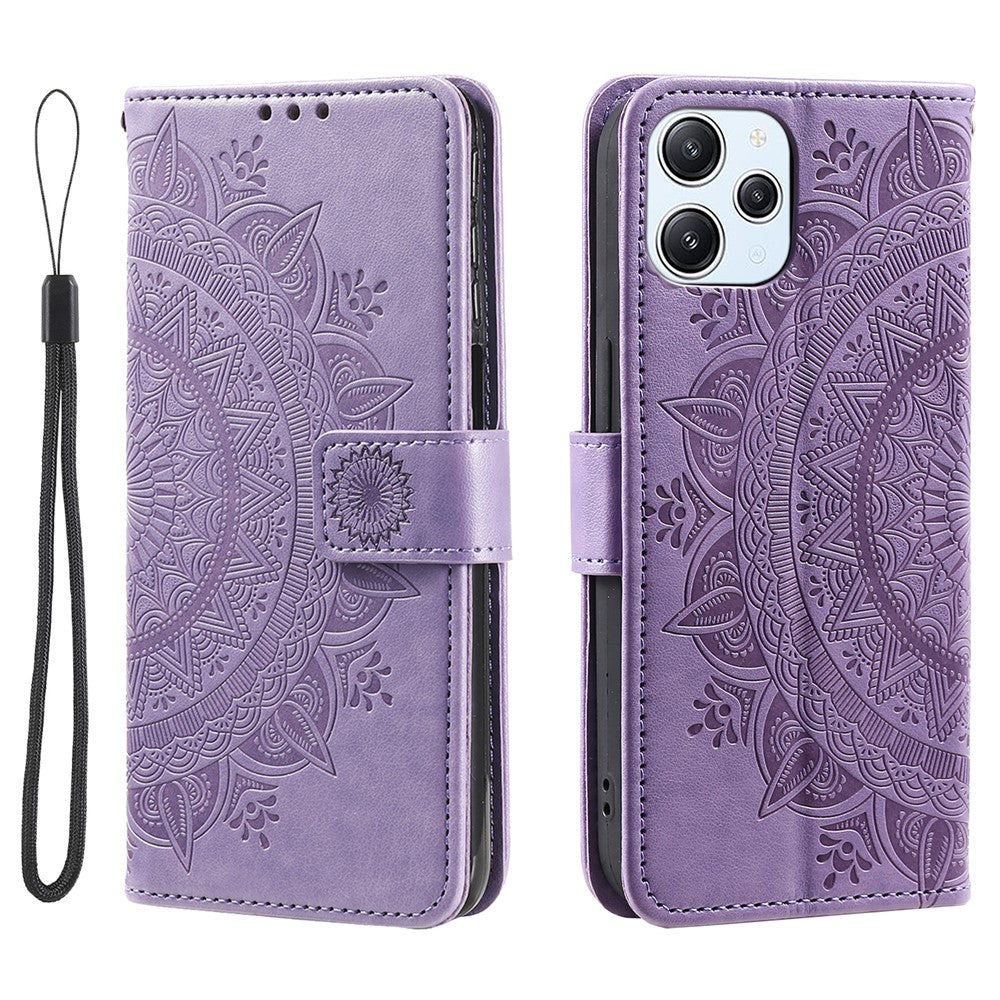 Stand Cover for Xiaomi Redmi 12 4G PU Leather Mandala Flower Imprint Wallet Phone Case with Strap