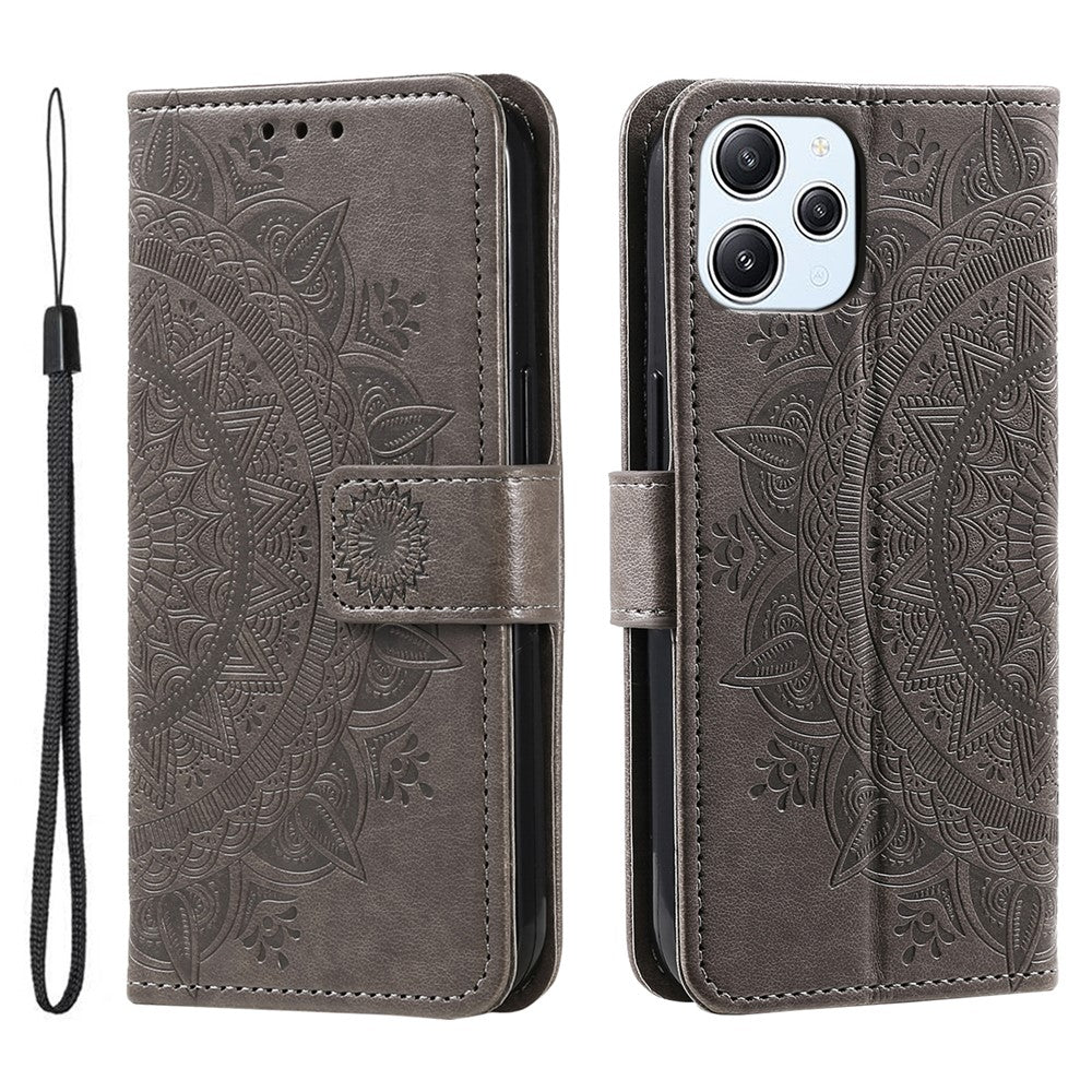 Stand Cover for Xiaomi Redmi 12 4G PU Leather Mandala Flower Imprint Wallet Phone Case with Strap