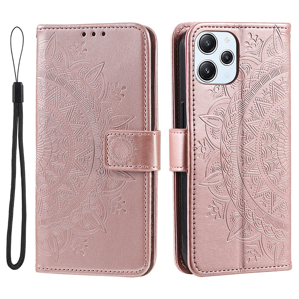 Stand Cover for Xiaomi Redmi 12 4G PU Leather Mandala Flower Imprint Wallet Phone Case with Strap