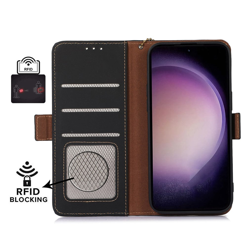 For Samsung Galaxy S23 FE RFID Blocking Wallet Case Silky Feeling Genuine Cow Leather Stand Phone Cover