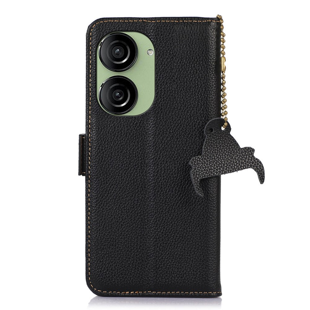 Til Asus Zenfone 10 5G RFID-blokerende ægte okselæder telefoncover litchi tekstur stander pung cover