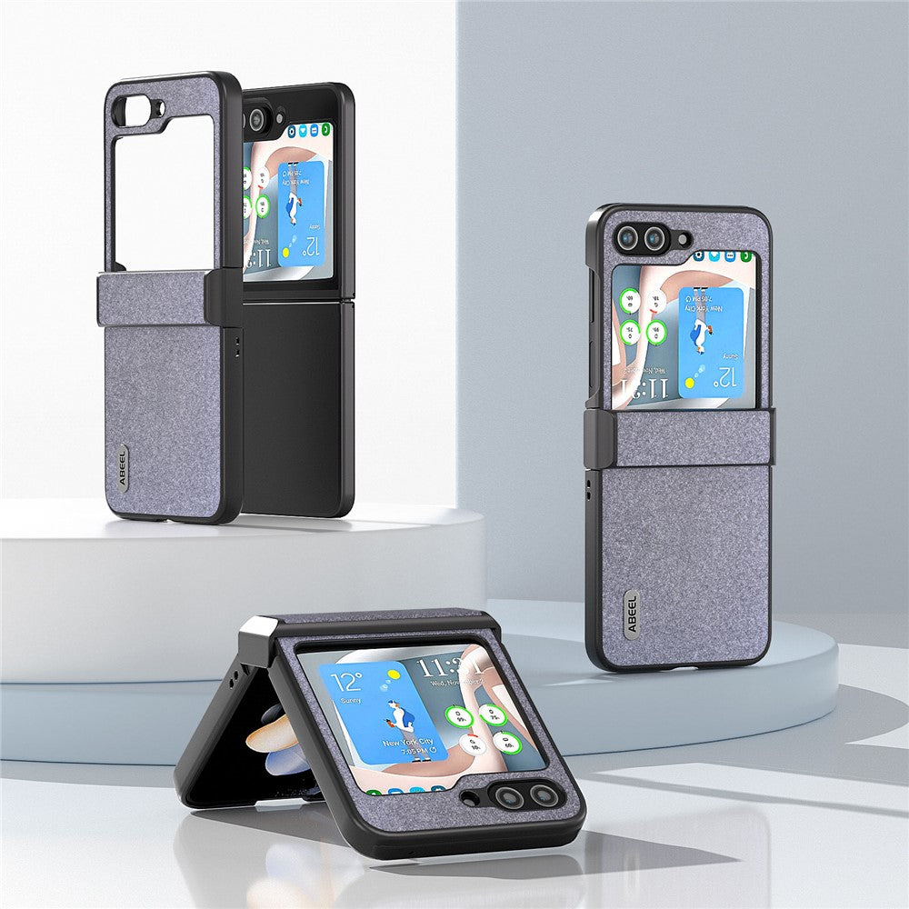 ABEEL För Samsung Galaxy Z Flip5 5G PU-läderbelagt PC-skal med gångjärnsdesign, glitter, mobilskal