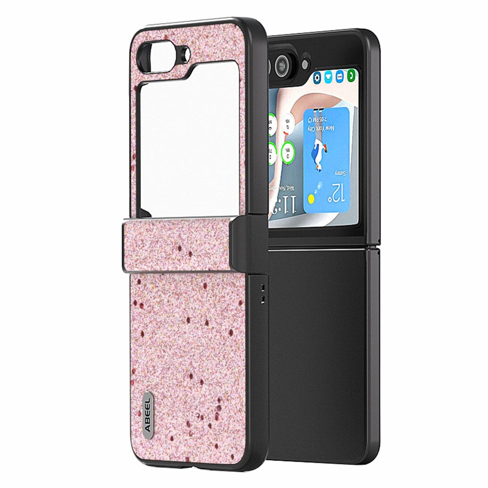 ABEEL För Samsung Galaxy Z Flip5 5G PU-läderbelagt PC-skal med gångjärnsdesign, glitter, mobilskal