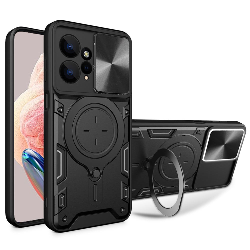 For Xiaomi Redmi Note 12 4G Slide Camera Guard Phone Case PC+TPU Cover with Rotating Kickstand
