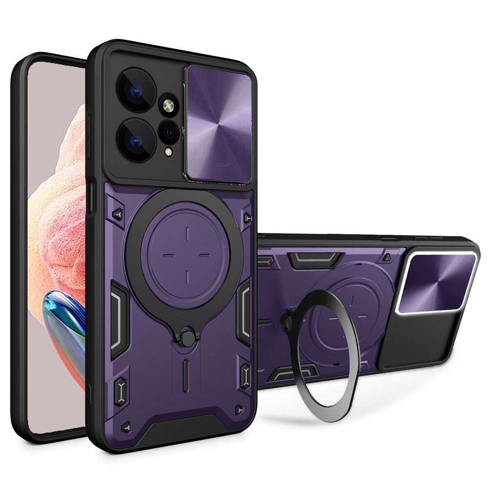 For Xiaomi Redmi Note 12 4G Slide Camera Guard Phone Case PC+TPU Cover with Rotating Kickstand