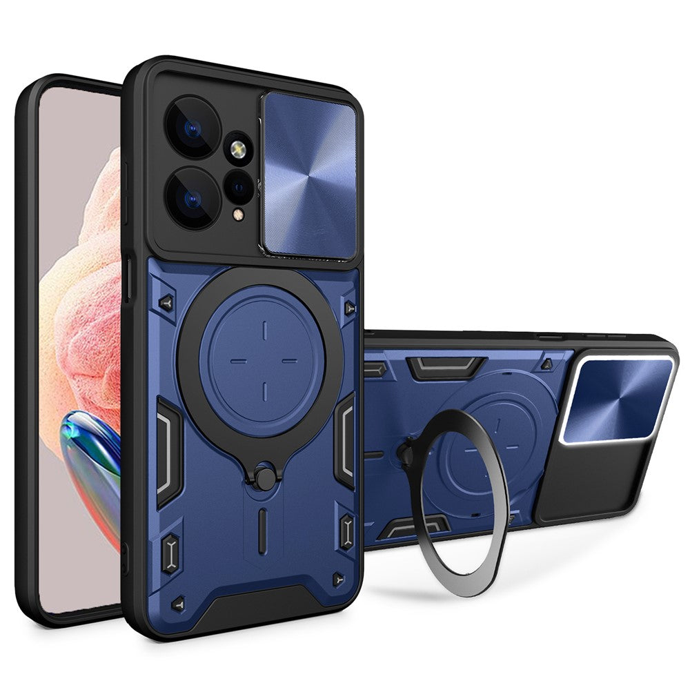 For Xiaomi Redmi Note 12 4G Slide Camera Guard Phone Case PC+TPU Cover with Rotating Kickstand