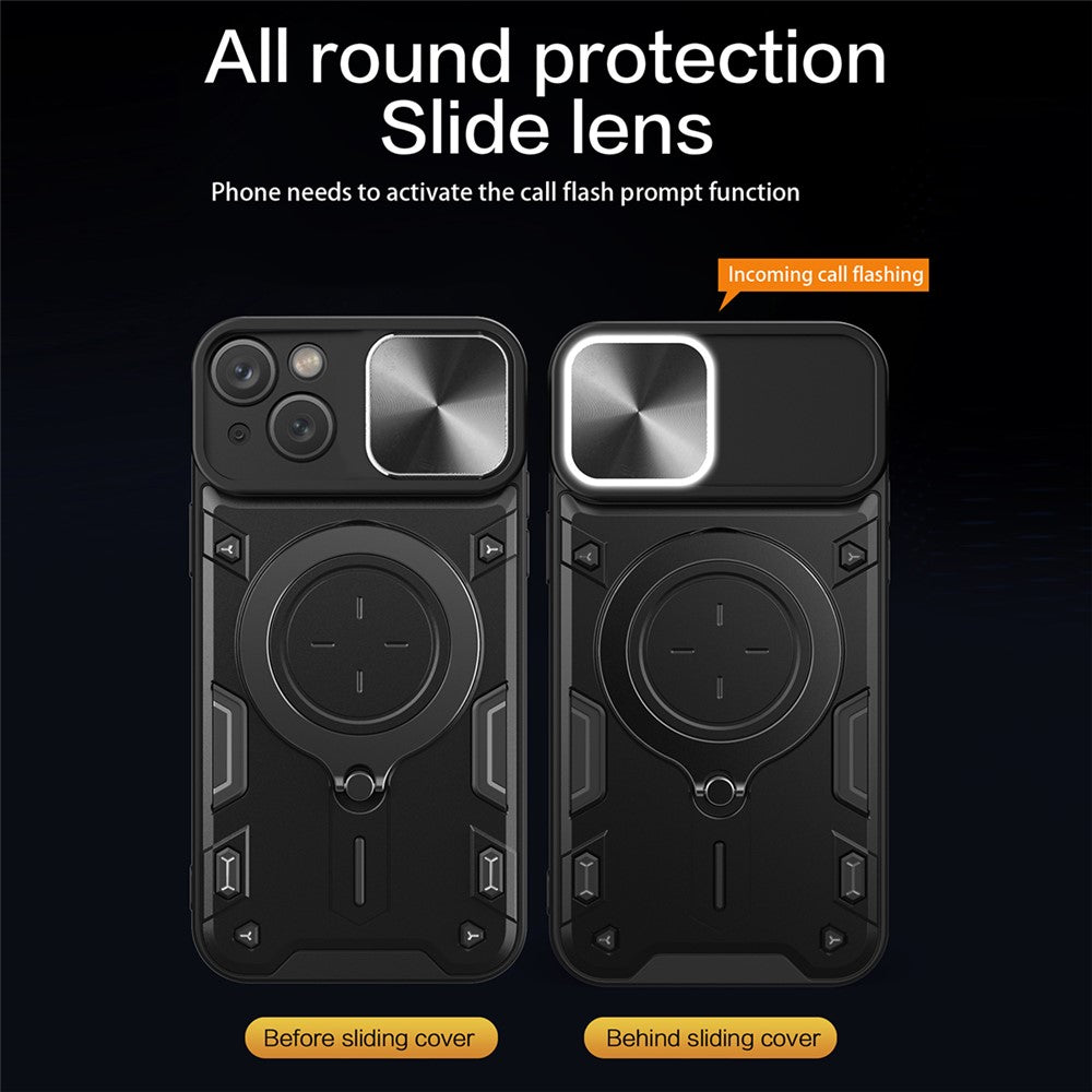 For iPhone 15 Plus Slide Camera Lid Anti-scratch Case Rotating Kickstand PC+TPU Cover