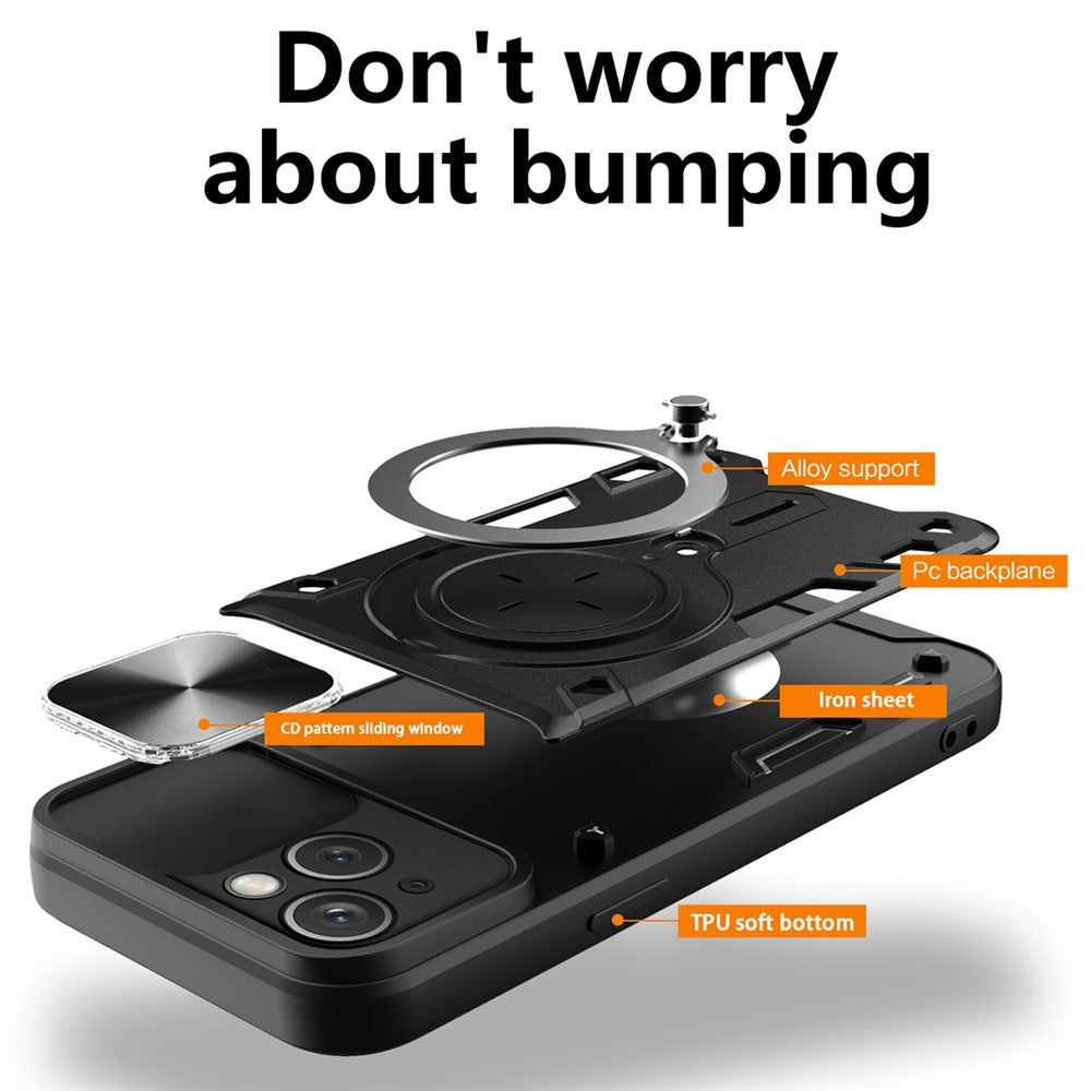 For iPhone 15 Plus Slide Camera Lid Anti-scratch Case Rotating Kickstand PC+TPU Cover
