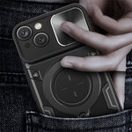 For iPhone 15 Plus Slide Camera Lid Anti-scratch Case Rotating Kickstand PC+TPU Cover