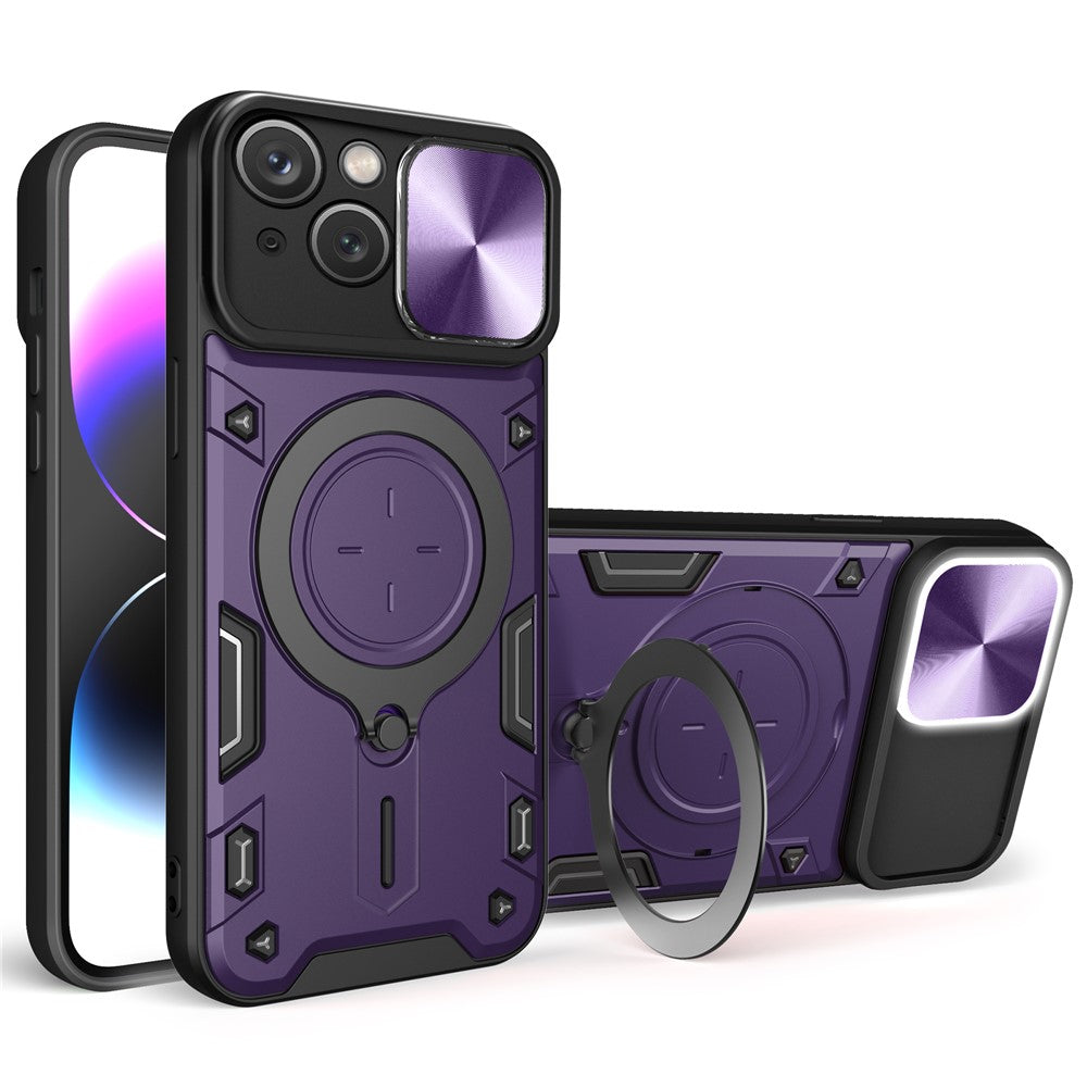 For iPhone 15 Plus Slide Camera Lid Anti-scratch Case Rotating Kickstand PC+TPU Cover