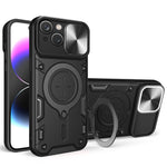 For iPhone 15 Rotating Kickstand PC+TPU Cover Slide Camera Shield Anti-scratch Phone Case