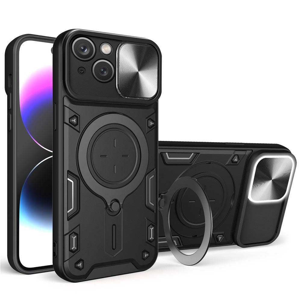 For iPhone 15 Rotating Kickstand PC+TPU Cover Slide Camera Shield Anti-scratch Phone Case