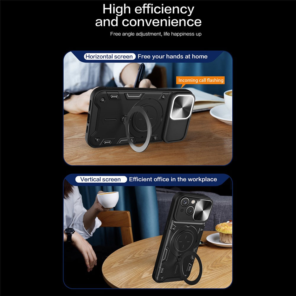 For iPhone 15 Rotating Kickstand PC+TPU Cover Slide Camera Shield Anti-scratch Phone Case